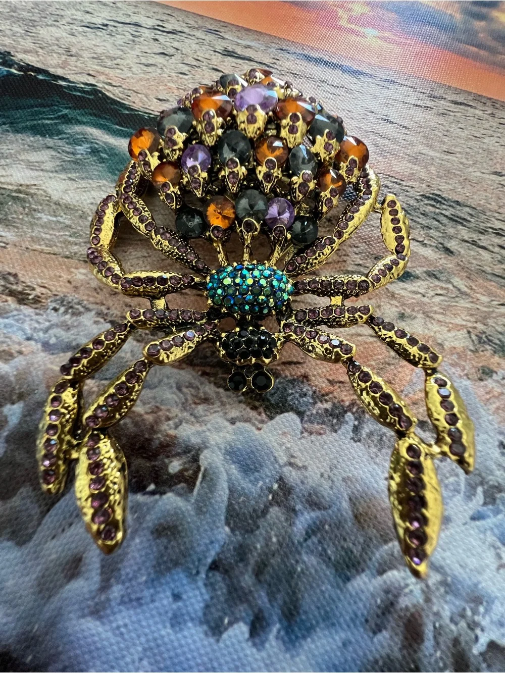 Gold-Tone Crystal Spider Brooch with Amber, Black and Purple Stones
